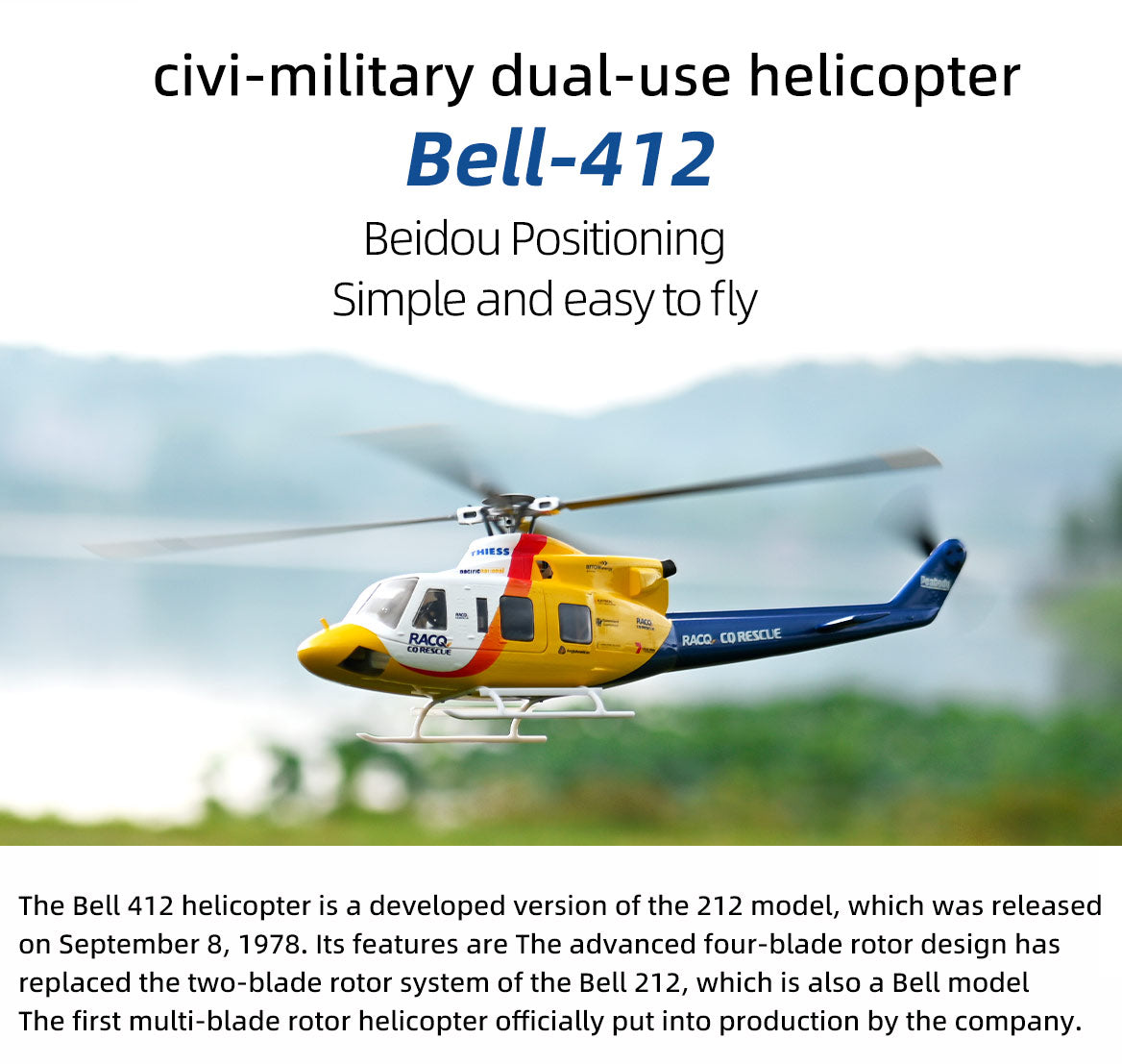Bell 412 Four-Blade RC Helicopter – GPS, 3D Acro, 810mm Rotor