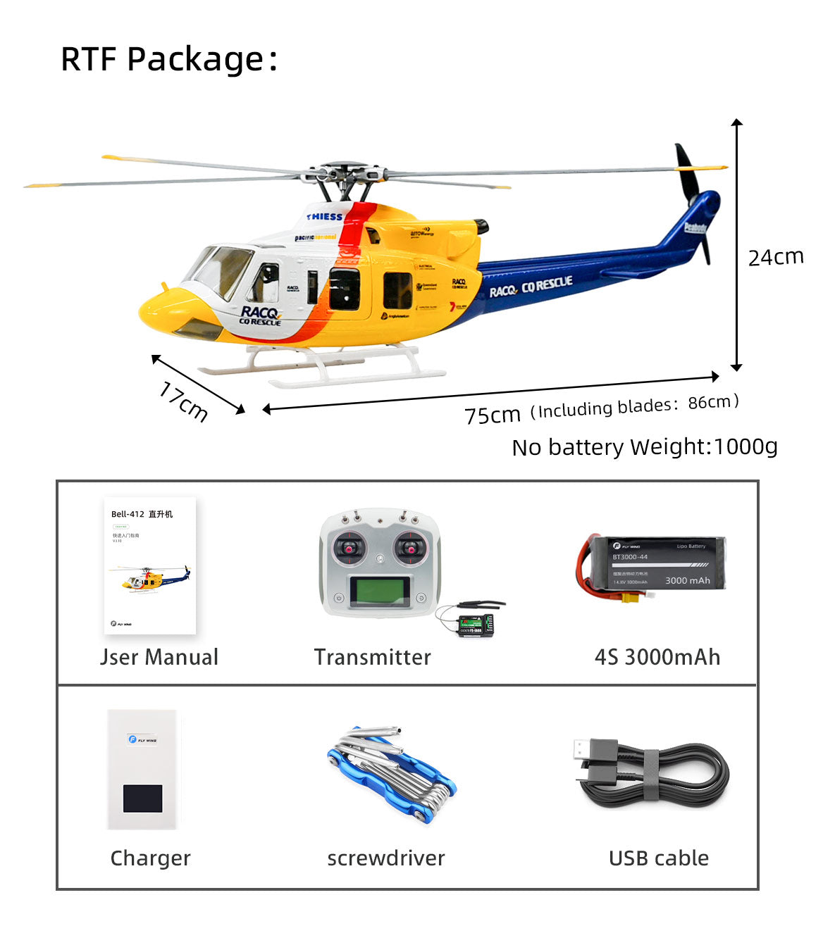 Bell 412 Four-Blade RC Helicopter – GPS, 3D Acro, 810mm Rotor