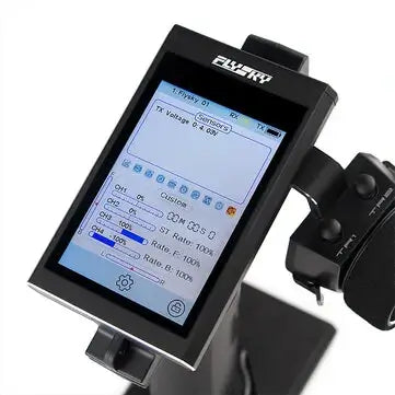 Flysky Noble NB4 2.4GHz 8CH transmitter with HVGA touch screen displaying settings for RC control.