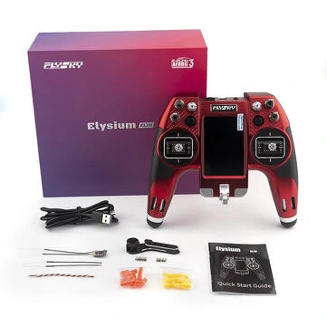 Flysky Elysium EL18 RC transmitter in red with box, cables, antennas, and quick start guide.
