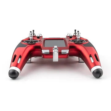 Flysky Elysium EL18 RC remote controller in red with touch screen and dual antennas, designed for FPV racing.
